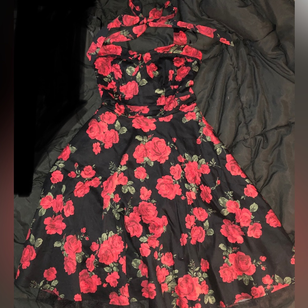 Black Halter Dress with Red Rose Design w/ Pockets